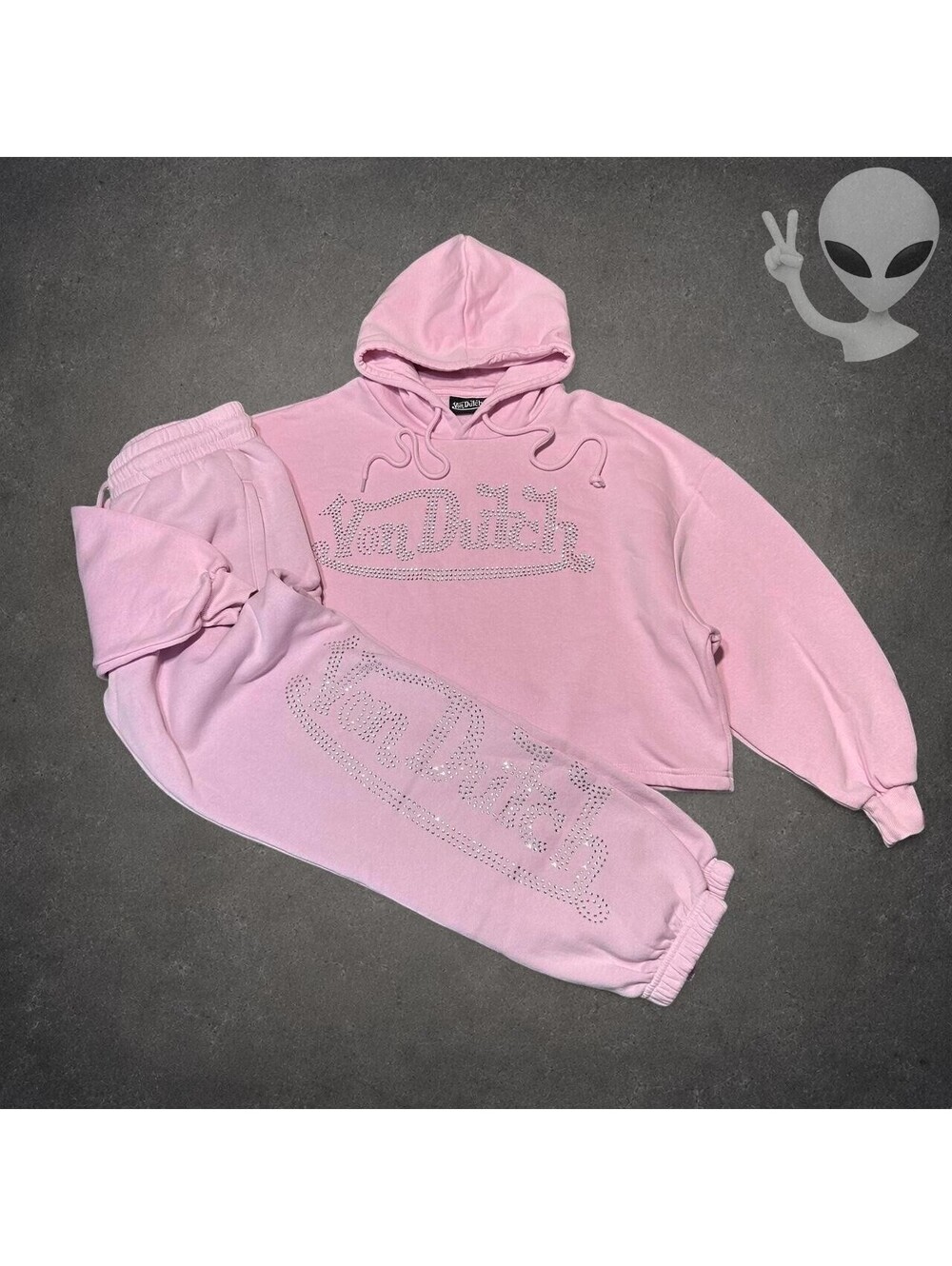 Von Dutch Pink Fleece Tracksuit Bling Rhinestone Pullover Crop Hoodie Pants